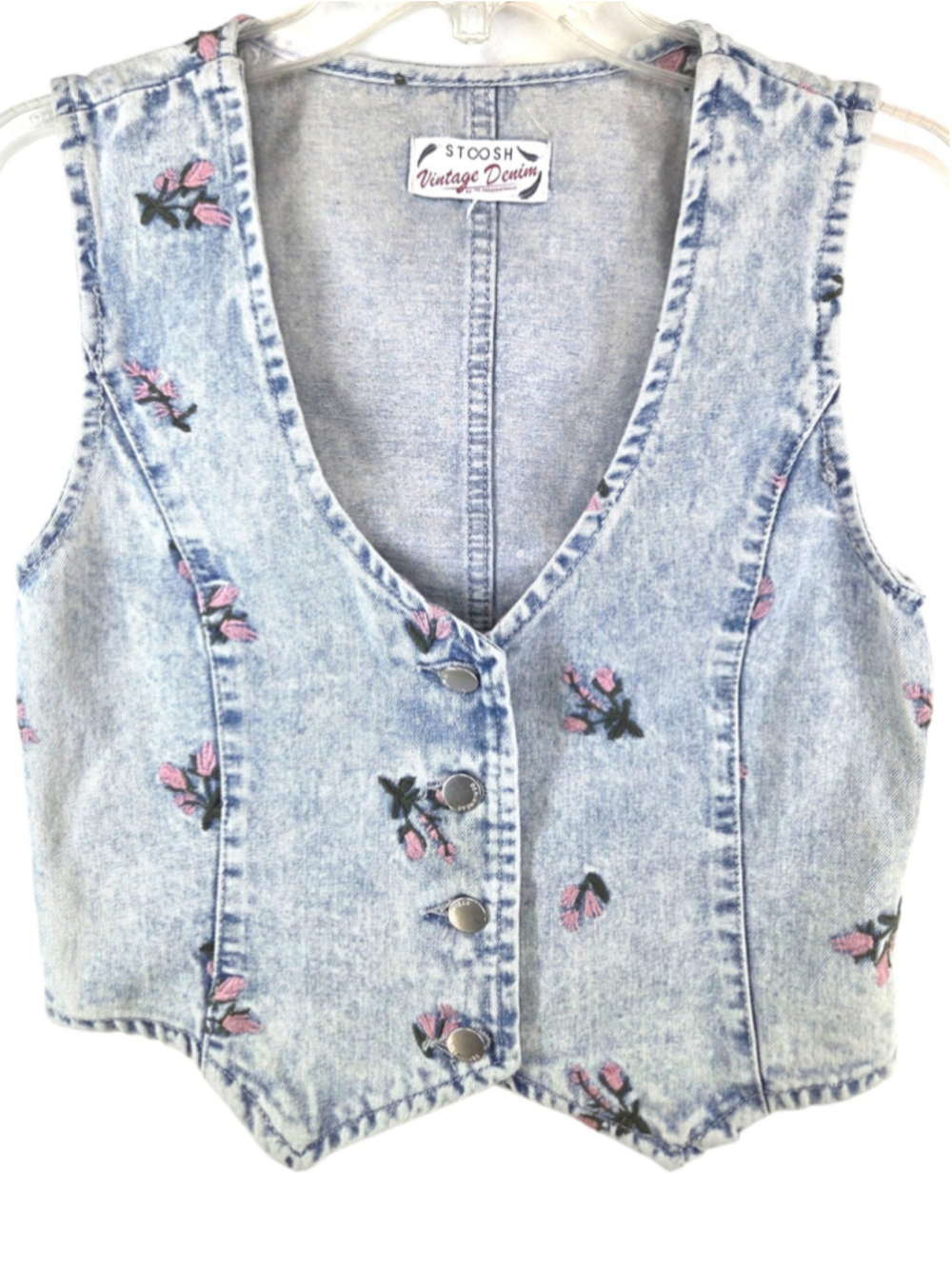 Stoosh Vintage Denim Floral Embroidered Jean Vest Y2K 2000s Boho Small